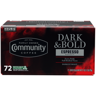 A seventy-two-count box of Community Coffee Dark and Bold Espresso Roast K-Cups, shown from the front.