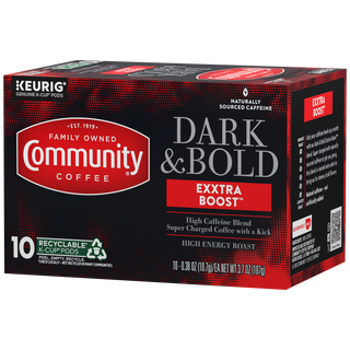 A ten-count box of Community Coffee Dark and Bold Exxtra Boost K-Cups, rotated a quarter-turn to the left.