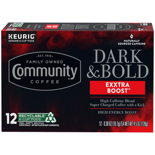 A twelve-count box of Community Coffee Dark and Bold Exxtra Boost K-Cups, shown from the front.