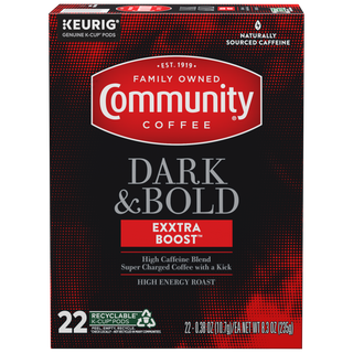 A twenty-two-count box of Community Coffee Dark and Bold Exxtra Boost K-Cups, shown from the front.