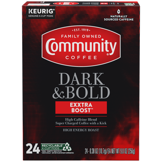 A twenty-four-count box of Community Coffee Dark and Bold Exxtra Boost K-Cups, shown from the front.