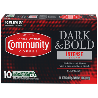 A ten-count box of Community Coffee Dark and Bold Intense Blend K-Cups, shown from the front.