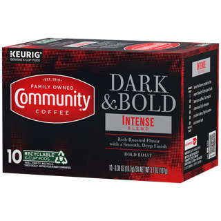 A ten-count box of Community Coffee Dark and Bold Intense Blend K-Cups, rotated a quarter-turn to the left.