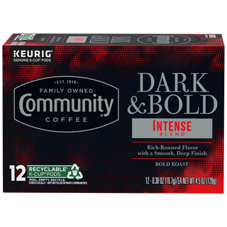 A twelve-count box of Community Coffee Dark and Bold Intense Blend K-Cups, shown from the front.