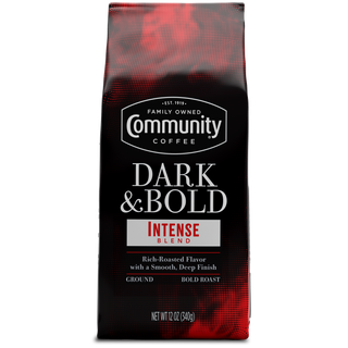 A twelve-ounce bag of ground Community Coffee Dark & Bold Intense Blend, shown from the front.