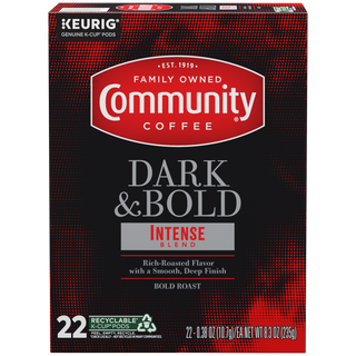 A twenty-two-count box of Community Coffee Dark and Bold Intense Blend K-Cups, shown from the front.