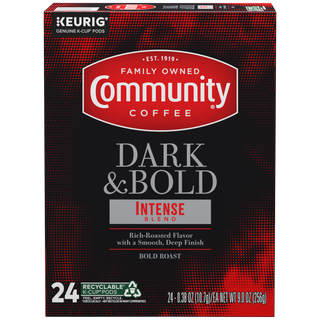 A twenty-four-count box of Community Coffee Dark and Bold Intense Blend K-Cups, shown from the front.