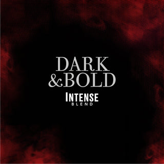 A graphic design reading DARK AND BOLD INTENSE BLEND, surrounded by a smoky black-and-red background.