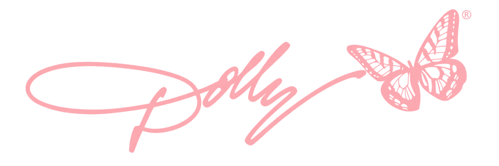 Dolly Parton's signature next to a butterfly illustration, both in pale pink.
