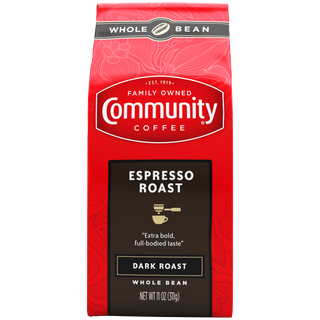 An eleven-ounce bag of whole bean Community Coffee Espresso Roast, shown from the front.