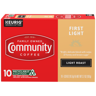 A ten-count box of Community Coffee First Light, light roast K-Cups, shown from the front.