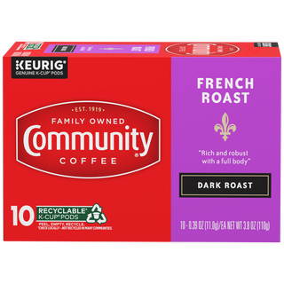 A ten-count box of Community Coffee French Roast dark roast K-Cups, shown from the front.