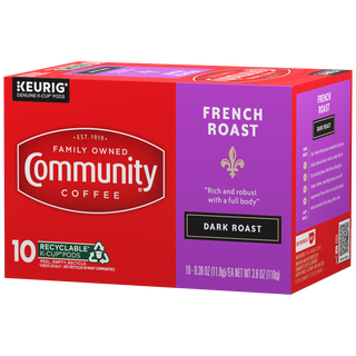 A ten-count box of Community Coffee French Roast dark roast K-Cups, rotated a quarter-turn to the left.
