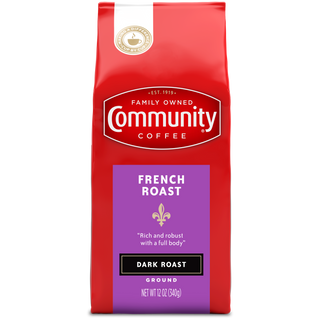 A twelve-ounce bag of ground Community Coffee French Roast dark roast, shown from the front.