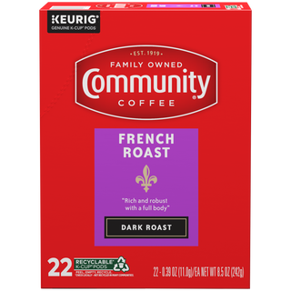 A twenty-two-count box of Community Coffee French Roast dark roast K-Cups, shown from the front.