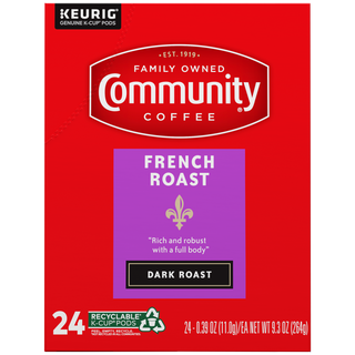 A twenty-four-count box of Community Coffee French Roast dark roast K-Cups, shown from the front.