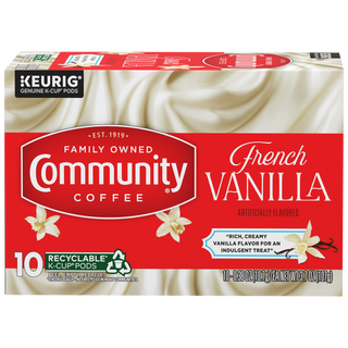 A ten-count box of Community Coffee French Vanilla flavored coffee K-Cups, shown from the front.