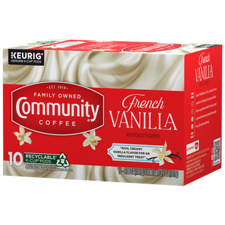 A ten-count box of Community Coffee French Vanilla flavored coffee K-Cups, rotated a quarter-turn to the left.