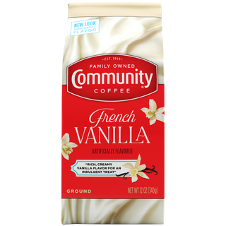 A twelve-ounce bag of ground Community Coffee French Vanilla flavored coffee, shown from the front.
