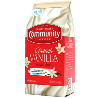 A twelve-ounce bag of ground Community Coffee French Vanilla flavored coffee, rotated a quarter-turn to the left.