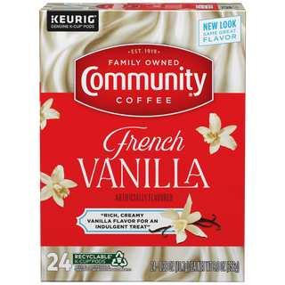A twenty-four-count box of Community Coffee French Vanilla flavored coffee K-Cups, shown from the front.