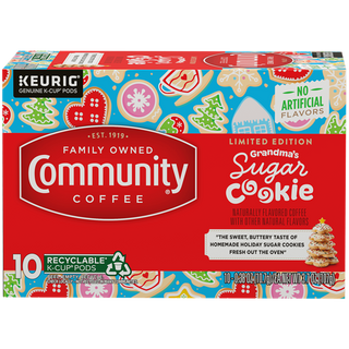 A ten-count box of Community Coffee Grandma's Sugar Cookie flavored coffee K-Cups, shown from the front.