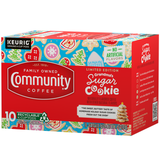 A ten-count box of Community Coffee Grandma's Sugar Cookie flavored coffee K-Cups, rotated a quarter-turn to the left.