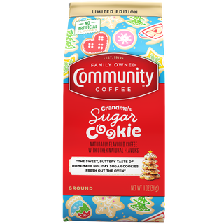 An eleven-ounce bag of ground Community Coffee Grandma's Sugar Cookie flavored coffee, shown from the front.