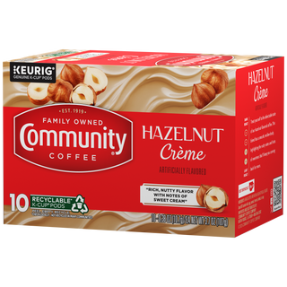 A ten-count box of Community Coffee Hazelnut Crème flavored coffee K-Cups, rotated a quarter-turn to the left.