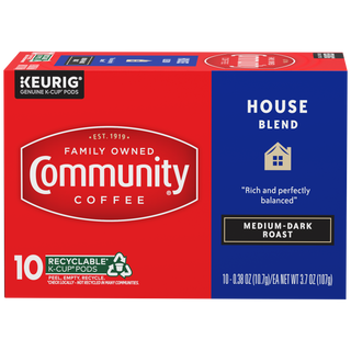 A ten-count box of Community Coffee House Blend medium-dark roast K-Cups, shown from the front.
