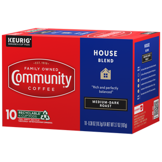 A ten-count box of Community Coffee House Blend medium-dark roast K-Cups, rotated a quarter-turn to the left.
