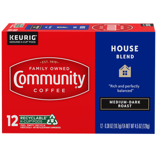 A twelve-count box of Community Coffee House Blend medium-dark roast K-Cups, shown from the front.