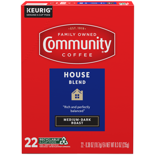 A twenty-two-count box of Community Coffee House Blend medium-dark roast K-Cups, shown from the front.