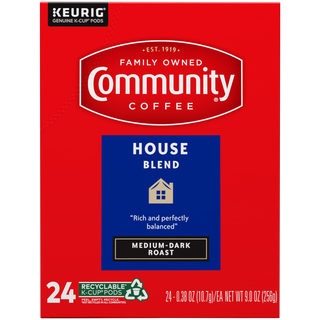 A twenty-four-count box of Community Coffee House Blend medium-dark roast K-Cups, shown from the front.