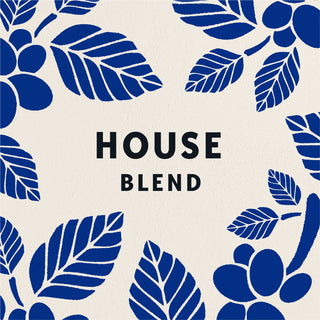 A graphic design reading HOUSE BLEND, surrounded by illustrations of blue coffee plants on a cream background.