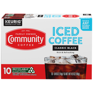 A ten-count box of Community Coffee Iced Coffee Classic Black K-Cups, shown from the front.