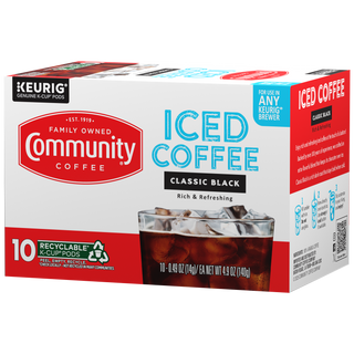 A ten-count box of Community Coffee Iced Coffee Classic Black K-Cups, rotated a quarter-turn to the left.