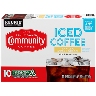 A ten-count box of Community Coffee Iced Coffee Vanilla Sweet Cream K-Cups, shown from the front.