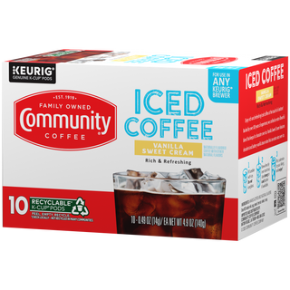 A ten-count box of Community Coffee Iced Coffee Vanilla Sweet Cream K-Cups, rotated a quarter-turn to the left.