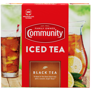 A one-hundred-count box of Community Iced Tea Black Tea individual-size tea bags, shown from the front.