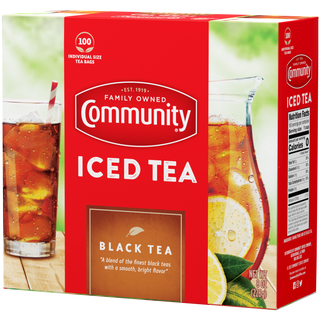 A one-hundred-count box of Community Iced Tea Black Tea individual-size tea bags, rotated a quarter-turn to the left.