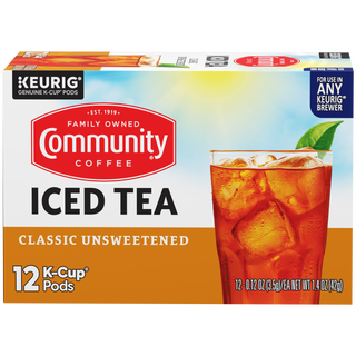 A twelve-count box of Community Iced Tea Classic Unsweetened K-Cups, shown from the front.
