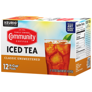 A twelve-count box of Community Iced Tea Classic Unsweetened K-Cups, rotated a quarter-turn to the left.