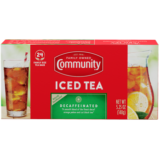 A twenty-four-count box of Community Iced Tea Decaf family-size tea bags, shown from the front.