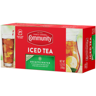 A twenty-four-count box of Community Iced Tea Decaf family-size tea bags, rotated a quarter-turn to the left.