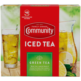 A forty-eight-count box of Community Iced Tea Green Tea individual-size tea bags, shown from the front.