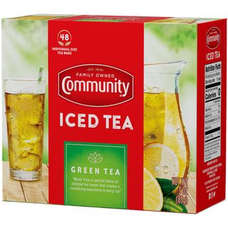 A forty-eight-count box of Community Iced Tea Green Tea individual-size tea bags, rotated a quarter-turn to the left.