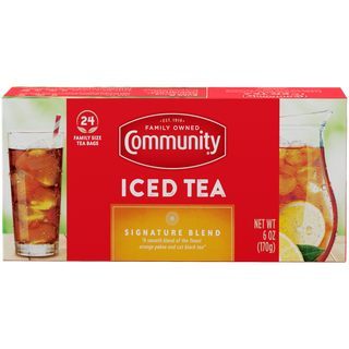 A twenty-four-count box of Community Iced Tea Signature Blend family-size tea bags, shown from the front.
