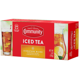 A twenty-four-count box of Community Iced Tea Signature Blend family-size tea bags, rotated a quarter-turn to the left.