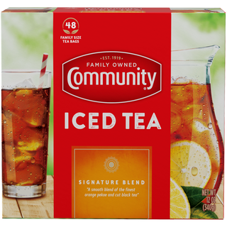 A forty-eight-count box of Community Iced Tea Signature Blend family-size tea bags, shown from the front.